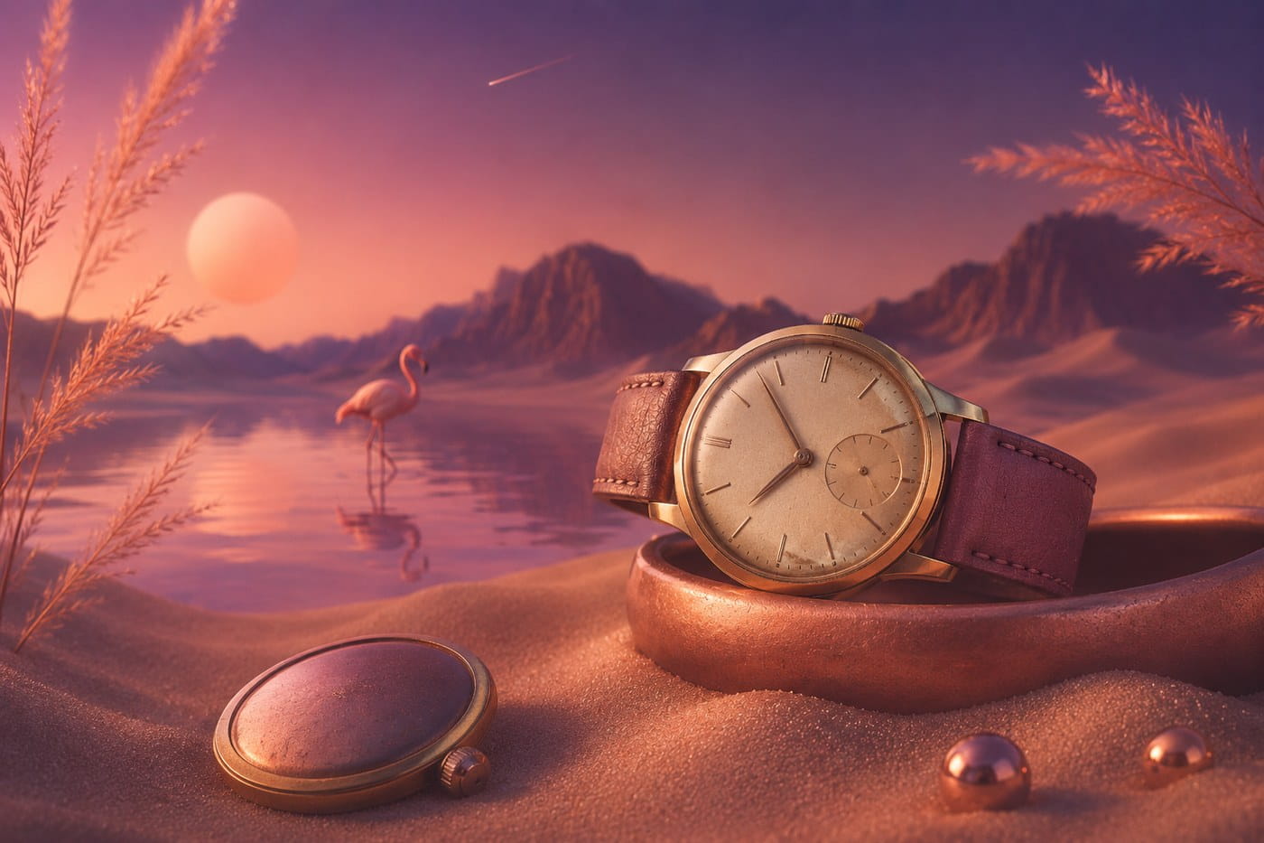 Montre vintage restaurée dans un univers désertique surréaliste